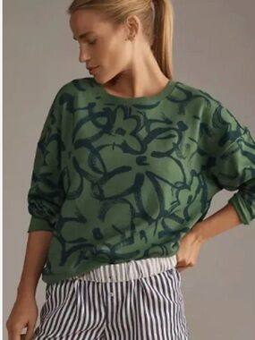 Maeve by Anthropologie Sketchy Floral Sweatshirt Green Oversized Size Medium